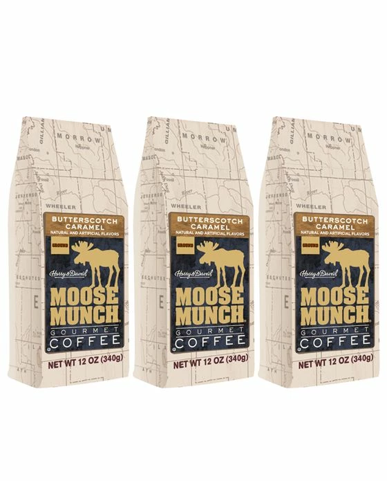 Harry & David Moose Munch Butterscotch Caramel Ground Gourmet Coffee 3 Bags (12 Oz Each) 3 Harry & David Moose Munch Butterscotch Caramel Ground Gourmet Coffee 3 Bags (12 Oz Each)
