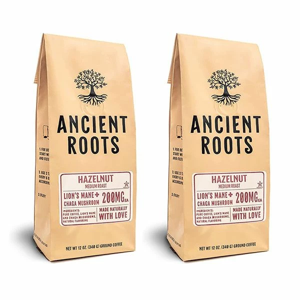 Ancient Roots Hazelnut Medium Roast Flavored Mushroom Ground Coffee 2/12 Oz Bags 3 Ancient Roots Hazelnut Medium Roast Flavored Mushroom Ground Coffee 2/12 Oz Bags
