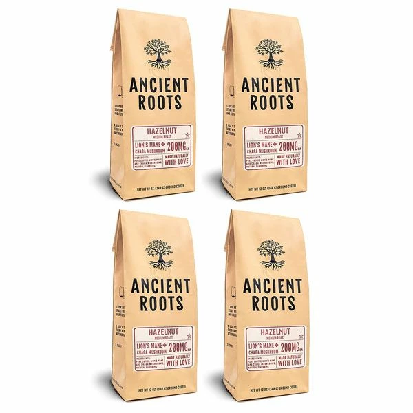 Ancient Roots Hazelnut Medium Roast Flavored Mushroom Ground Coffee 4/12 Oz Bags 3 Ancient Roots Hazelnut Medium Roast Flavored Mushroom Ground Coffee 4/12 Oz Bags