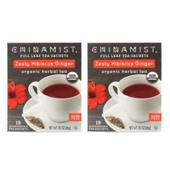 China Mist - Zesty Hibiscus Ginger Organic Black Full Leaf Tea Sachet, 2 Boxes 15 Count Each - Biodegradable And Individually Wrapped